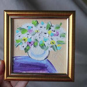 Original floral oil painting framed on board 4x4 miniature oil painting