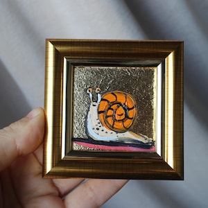 Pintura al óleo de caracol, pintura original enmarcada de 2x2, pintura de caracol, ilustración original enmarcada, decoración del hogar, arte de pared