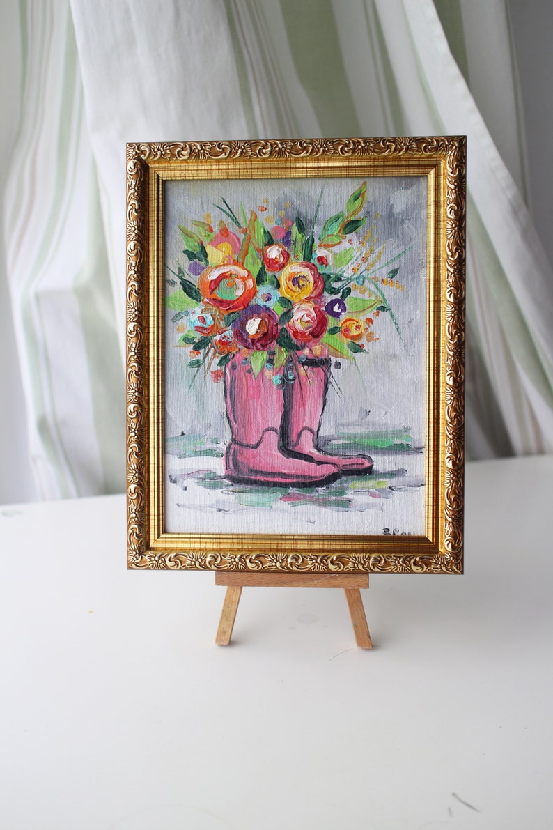 Rain boots with wild flowers oil painting framed original Etsy
