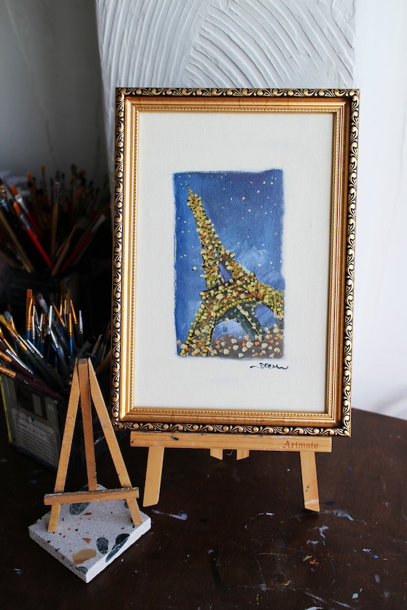 Eiffel Tower Paris Oil Painting: Night Lights, Framed Canvas Art (12x8in)