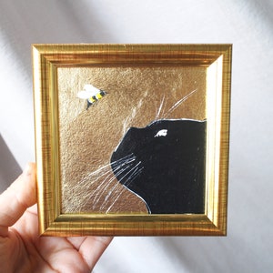 Black cat bee with gold leaf oil Painting with gold leaf 4x4 original painting framed Black cat painting original framed