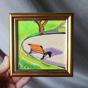Banco no parque Paisagem pinheiros original 4 x 4 pol Pintura a óleo Natureza Paisagem Pintura Floresta Lago Pintura original Floresta