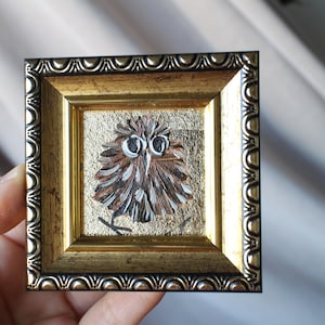 Retrato de búho, pintura al óleo, pintura original enmarcada con pan de oro de 2x2, pintura de búho, ilustración original enmarcada, decoración del hogar, arte de pared