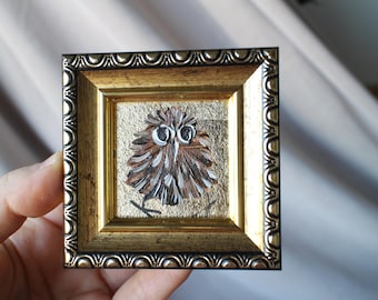 Retrato de búho enmarcado: pintura al óleo original con pan de oro (5 x 5 cm)