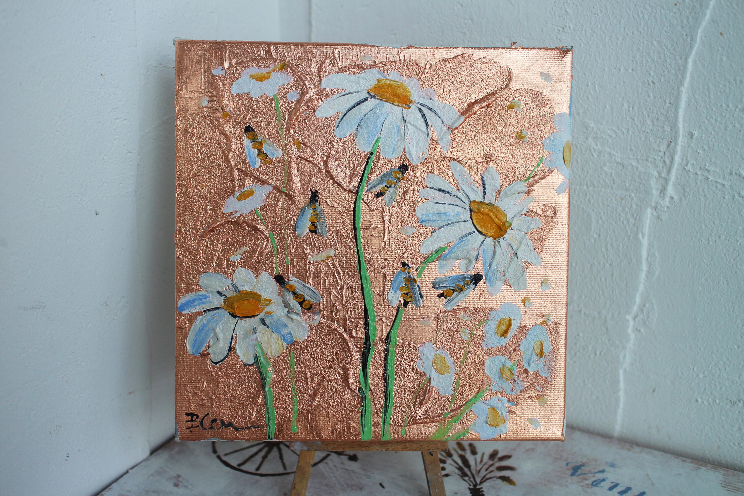 ミツバチ カモミール カモミール デイジー 油絵 オリジナル
