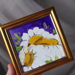 Daisy oil painting floral framed original 4x4 camomile floral painting oil painting flower mini floral painting bouquet painting