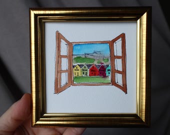 San Francisco-aquarel, ingelijst miniatuur straatbeeld (4 x 4)