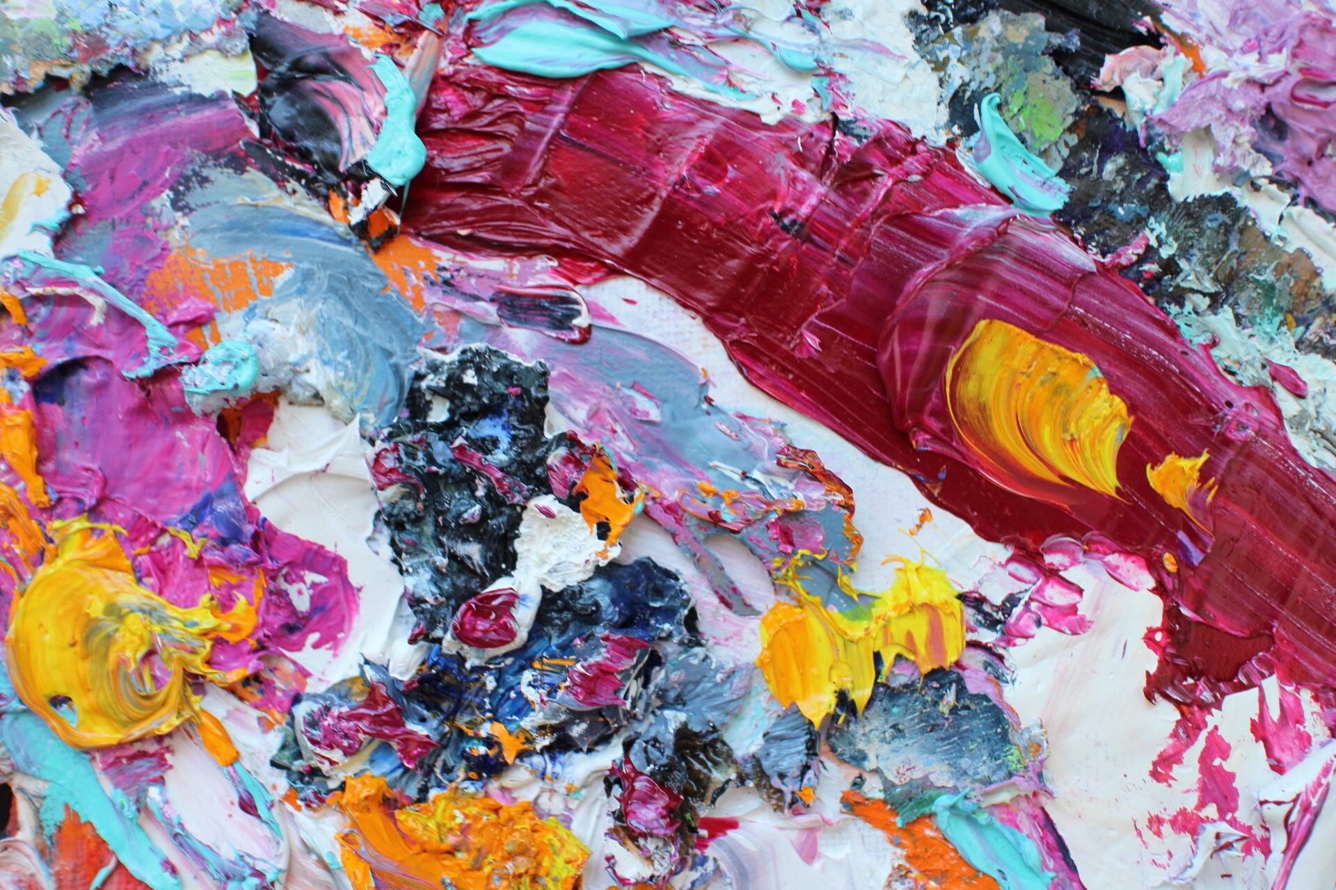 テクスチャード抽象油絵、赤ピンクマルチカラー、12x12ミニマルアート