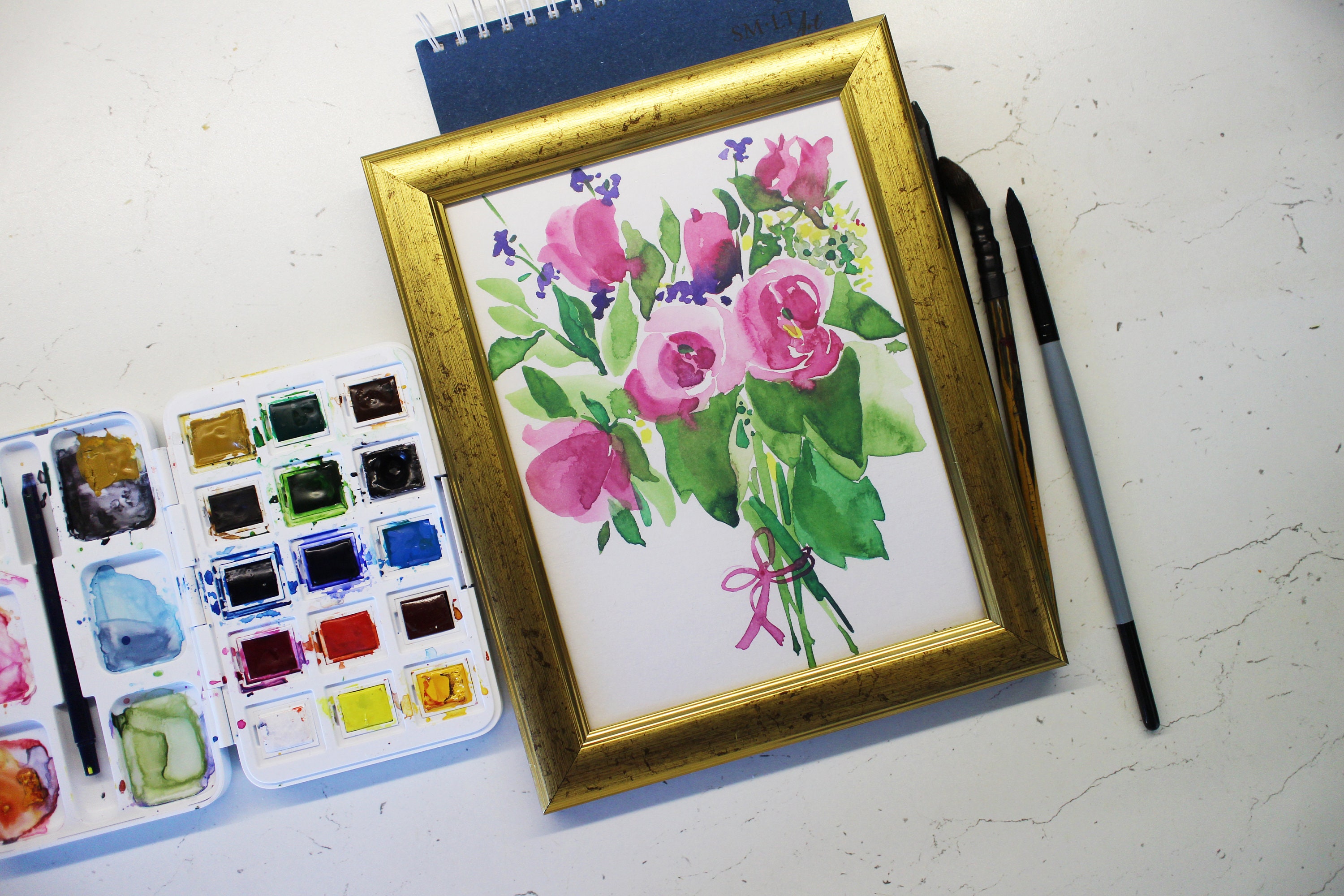 額入りバラの水彩画：オリジナルの花のイラスト - Etsy 日本