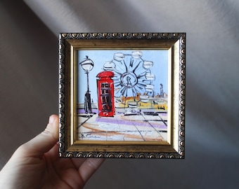 London Cityscape Oil Painting, Ferris Wheel, Framed Original Art (4x4in)
