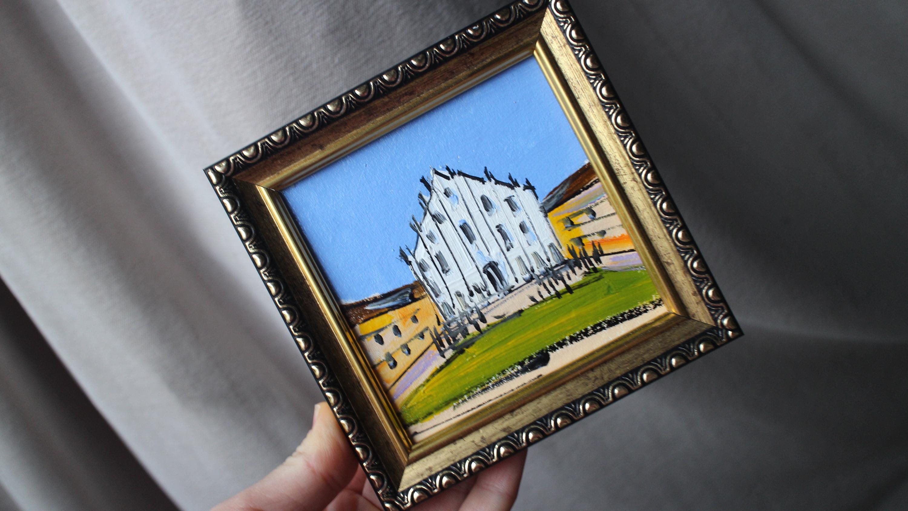 額入りミラノ大聖堂油絵：イタリア旅行アート（4 x 4インチ） - Etsy 日本