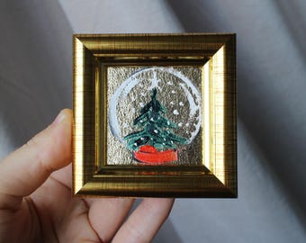 クリスマスツリー スノードーム 油絵 金箔 - 2x2 額入り オリジナル