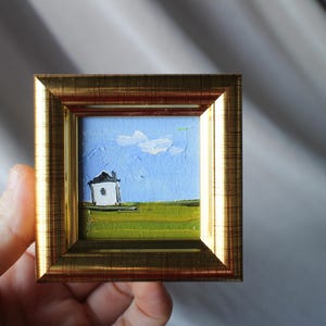 Framed Field House Oil Painting: Miniature Handmade Art (2x2 in)