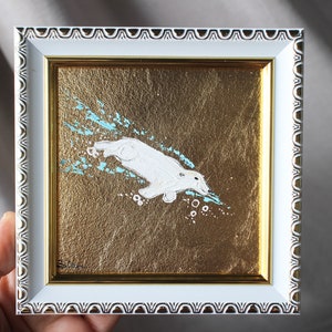 Pintura al óleo de oso blanco con pan de oro, pintura original de 4x4 enmarcada, pintura de oso polar original enmarcada