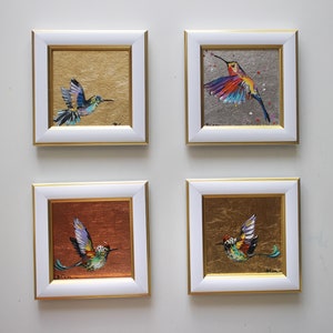 Hummingbird set of 4 oil Painting with bronze gold leaf original framed Leaf Texture Wall Art Oil Painting Canvas