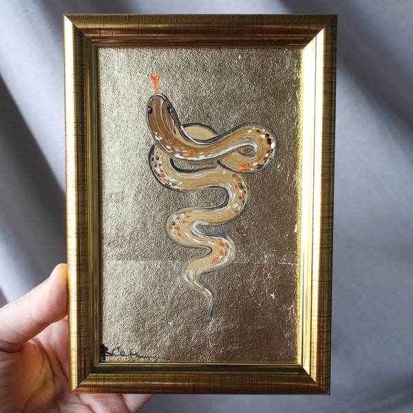 Peinture à l'huile de serpent avec la feuille d'or originale encadrée 4 x 6 serpent peinture art de la feuille d'or peinture à l'huile originale cadeau pour elle