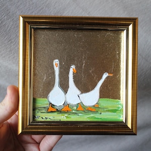 Oca Anser oche dipinto a olio con foglia d&#39;oro dipinto originale incorniciato 4x4 oche bianche dipinto illustrazione originale incorniciata arredamento per la casa