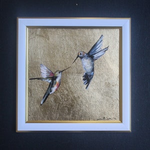 Pintura al óleo de colibrí Colibri coruscans con pan de oro original enmarcado 8x8 Arte con pan de oro Textura de pan de oro Arte de pared Pintura al óleo