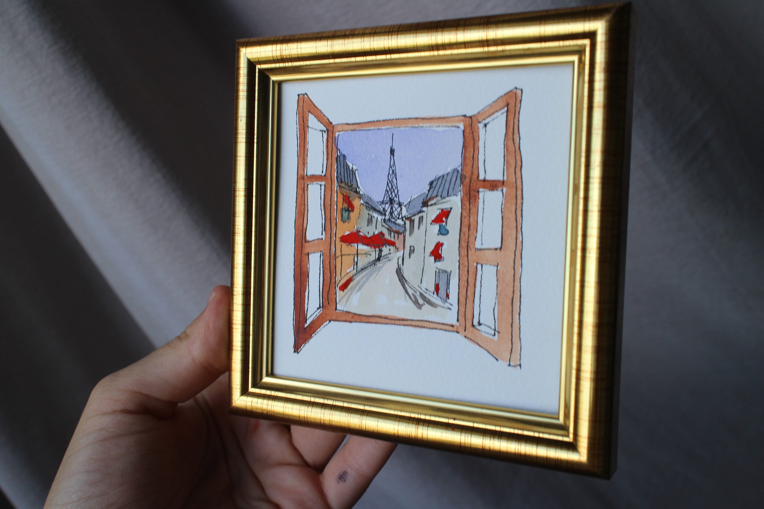 エッフェル塔の水彩画、額入りパリ屋上アート（4 x 4インチ） - Etsy 日本