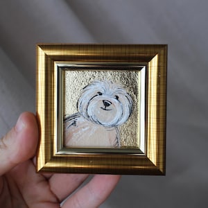 Inramad Cavapoo oljemålning med bladguld: 2x2 hundporträtt