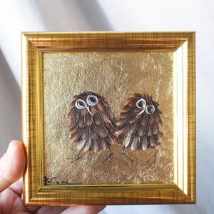Retrato de búho, pintura al óleo, pintura original enmarcada, hoja de oro, 4 x 4, pintura de búho, ilustración original enmarcada, decoración del hogar, arte de pared