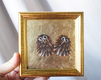 Owl portrait oil Painting original painting framed gold leaf 4x4 Owl painting original framed illustration home decor wall art