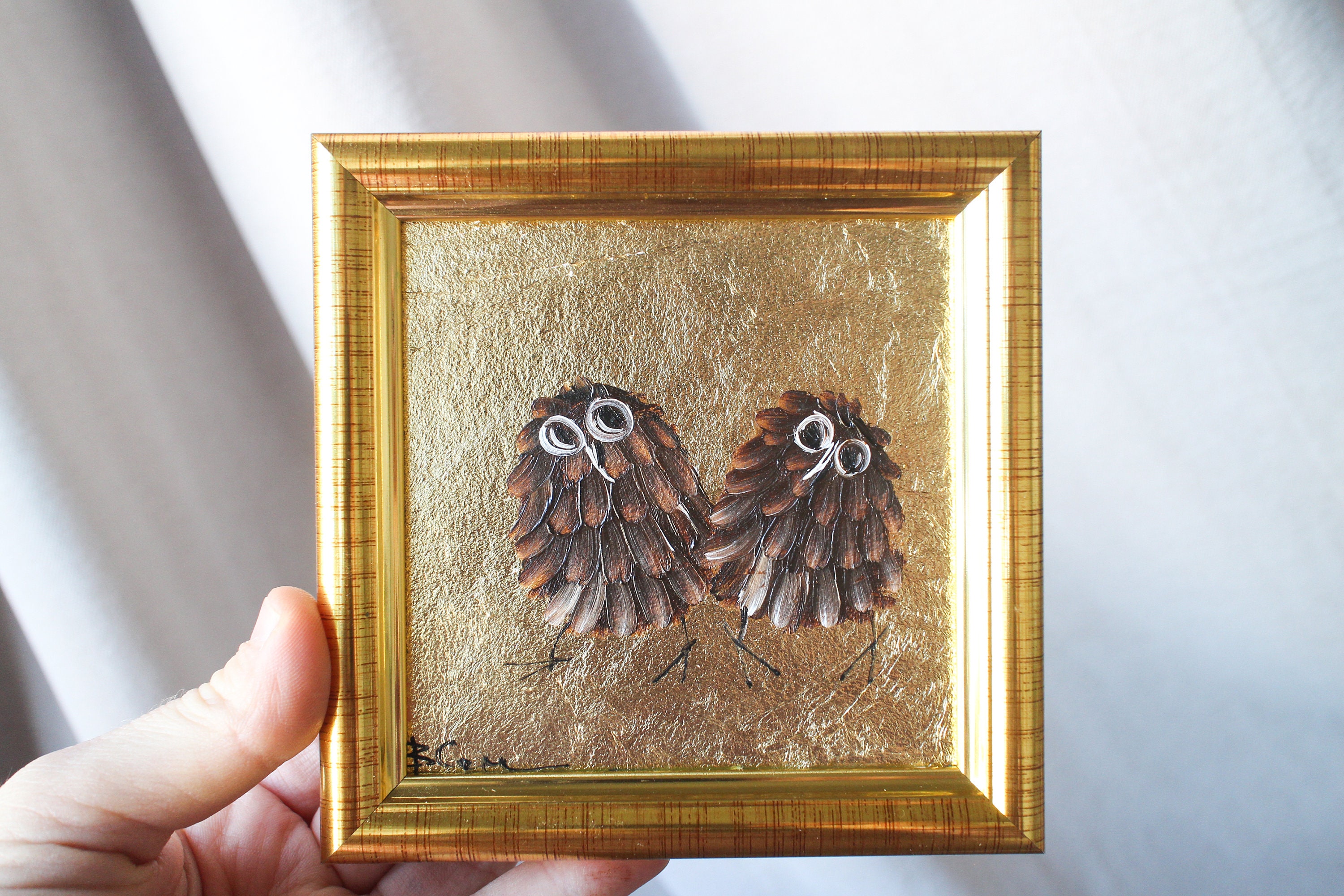 Owl portrait oil Painting original painting framed gold leaf 4x4 Owl painting original framed illust