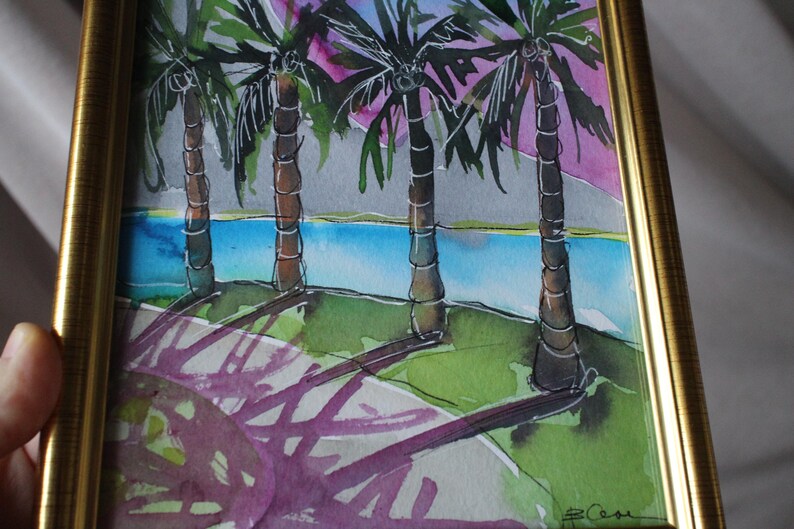 Hawaii Painting Beaches watercolor painting original framed Seascape Tropical Palm Tree sunshine filled weekend image 5