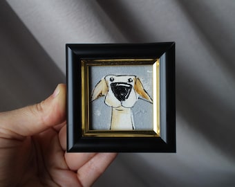 Framed light yellow pup Dog Portrait Oil Painting: funny face Puppy Portrait (2x2 in)