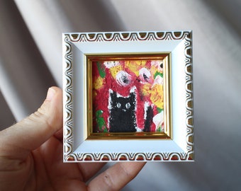 Mini flowers with black cat on the table Oil pastel painting framed 2x2 in Original flower Handmade Still life painting Bouquet painting