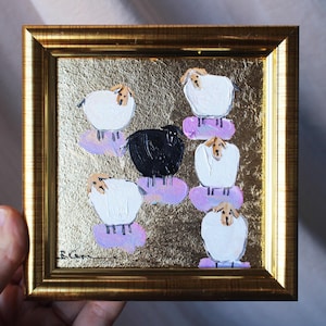 Pintura al óleo de oveja blanca con pan de oro, pintura original de 4x4 enmarcada, pintura de oveja original enmarcada