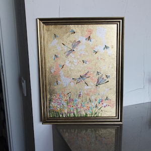 Dragonfly bee flowers oil Painting with gold leaf original 12x12 framed Art gold painting Gold Leaf Texture Wall Art Oil Painting On Canvas