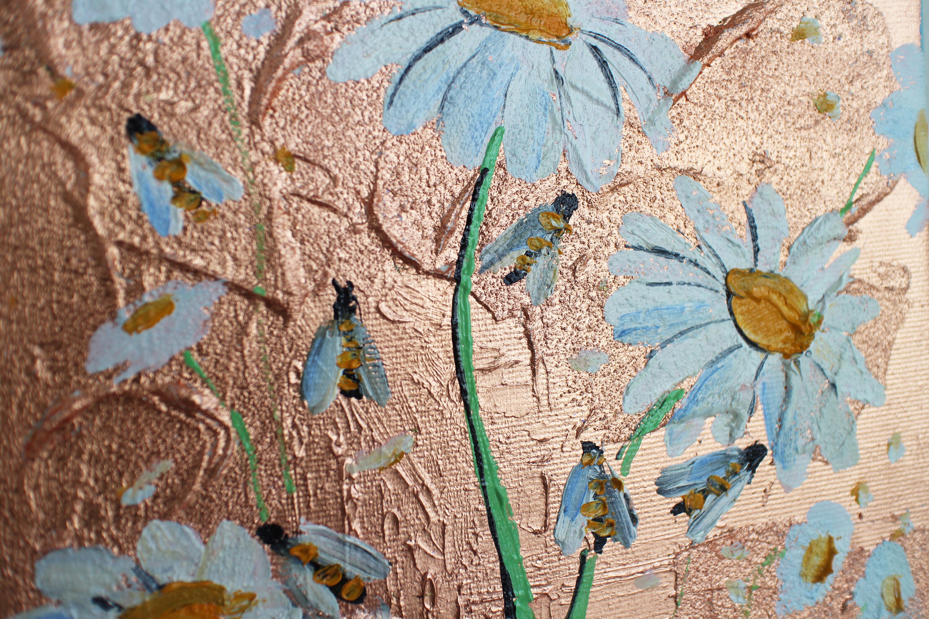 ミツバチ カモミール カモミール デイジー 油絵 オリジナル