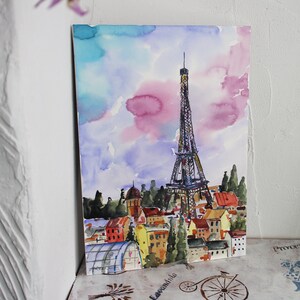 Paris Eiffel Tower painting framed watercolor original, Paris rooftops in Small Painting Wall Art Painting Paris rooftops