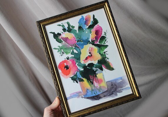 金運★SHIRLEY FELTS 水彩画 花束　大キャンパス オリジナル花の水彩画：額入り花束アート（A4） - Etsy 日本