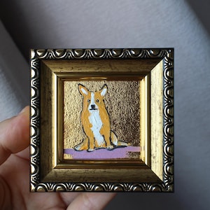 Welsh Corgis Ölgemälde 2x2 mit Blattgold original gerahmter Hund Welpe Malerei Hundeportrait