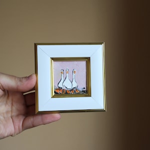 Pintura al óleo de ganso blanco: Arte en miniatura enmarcado original de 2x2