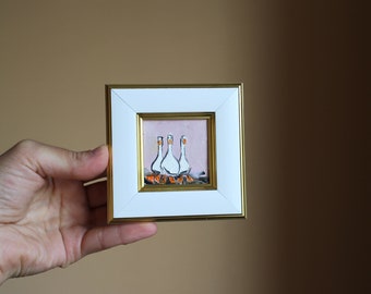 White Geese goose Oil Painting: Original Framed Miniature Art 2x2
