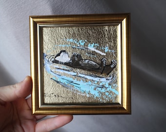 Loutre de mer nage plongée sous l'eau peinture à l'huile originale encadrée 4 x 4