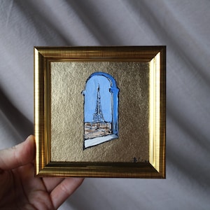 Paris cafe Eiffel Tower oil Painting original with gold leaf framed 4x4 cityscape facade of house Original Handmade Small Oil Painting