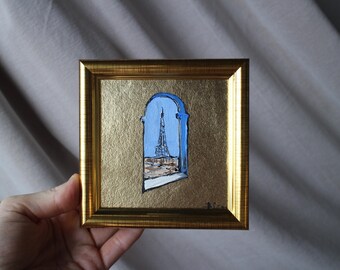 Paris cafe Eiffel Tower oil Painting original with gold leaf framed 4x4 cityscape facade of house Original Handmade Small Oil Painting