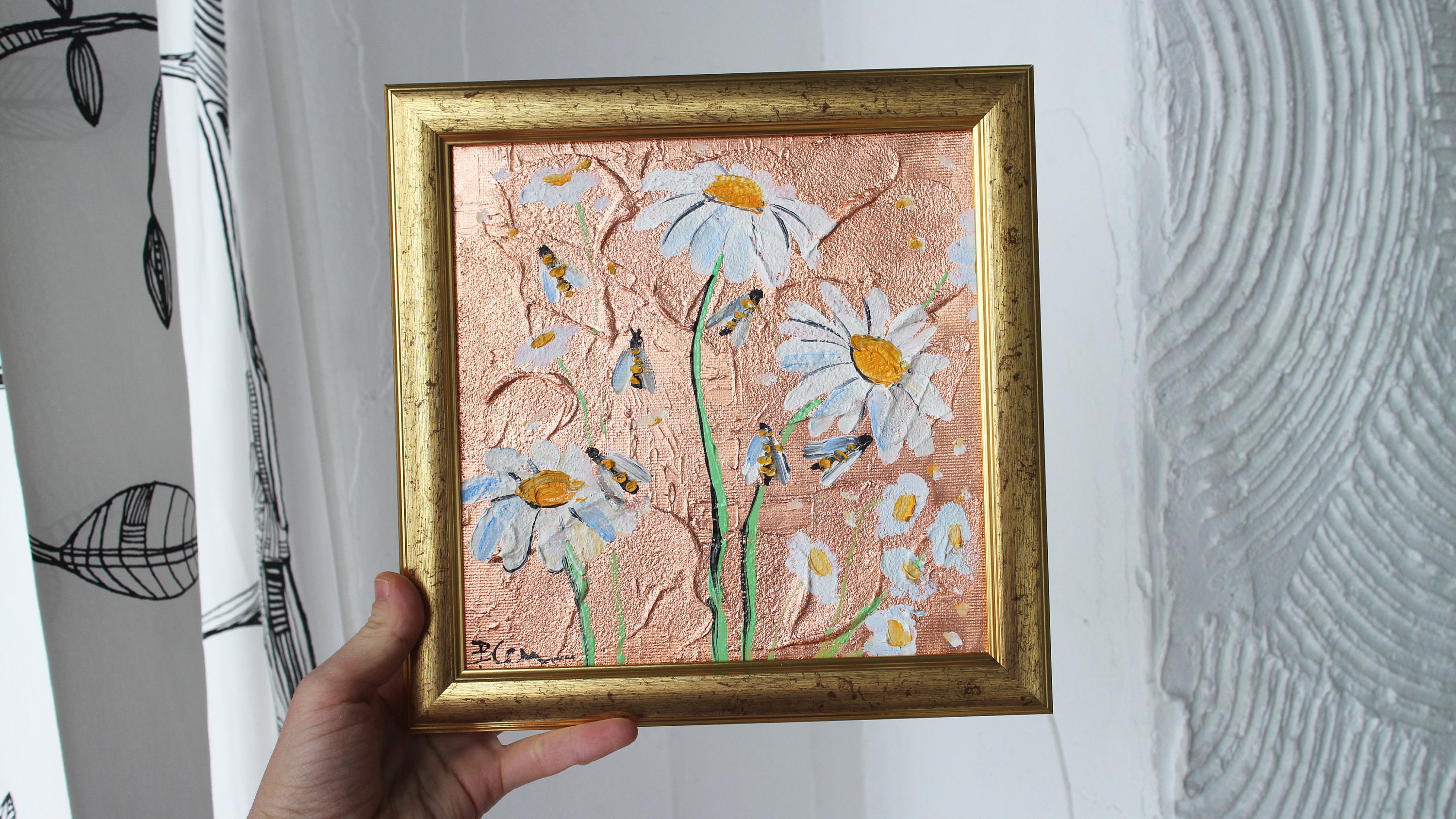 ミツバチ カモミール カモミール デイジー 油絵 オリジナル