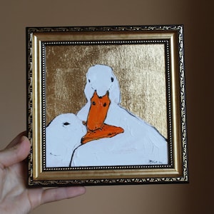 Anser white goose portrait oil Painting with gold leaf original painting framed white geese painting original framed illustration home decor