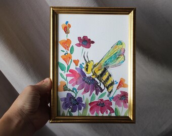 Boceto de abeja de miel, pintura de acuarela, ilustración de abeja enmarcada original, decoración del hogar, arte de pared, regalo, pintura de vida silvestre