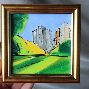 Bryant Park, Nova York, árvores, original, 4 x 4 pol., pintura a óleo, natureza, paisagem, floresta, lago, pintura original, floresta