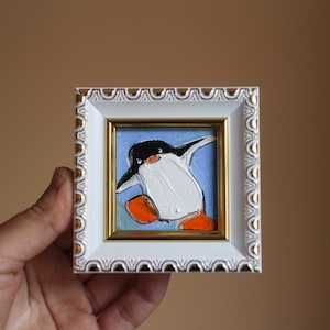 Pintura al óleo de pingüino 2x2, pintura original enmarcada Pintura de pingüino negro original enmarcada