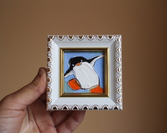 Peinture à l'huile pingouin 2 x 2 peinture originale encadrée Peinture pingouin noir originale encadrée
