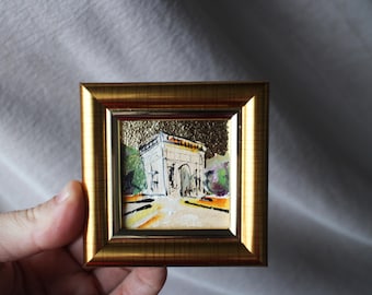 パリ凱旋門の絵画：ミニ油絵、金箔額入り都市風景画、2x2 - Etsy 日本