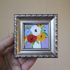 Yellow pink Small floral Oil painting framed 2x2 original miniature magnet in flower Handmade Still life painting Original Painting Bouquet