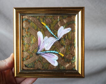 Dragonfly Miniature Oil Painting, Gold Leaf Framed Art 4x4